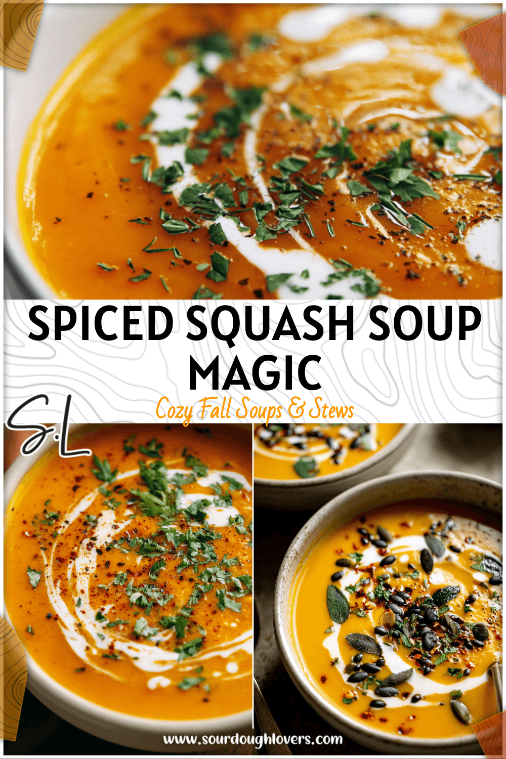 Bright bowl of squash curry soup with rich orange color, drizzled with coconut milk and herbs. 2